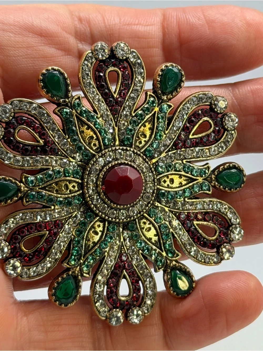 Vintage-Inspired Green & Red Rhinestone Brooch